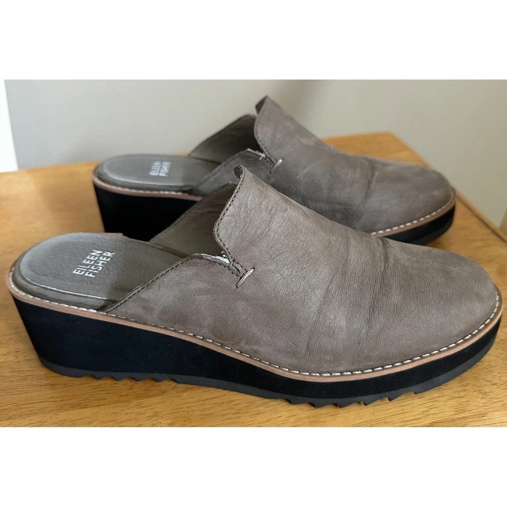 Eileen Fisher Women's‎ Sport Platform Wedge Mules Taupe Leather Slip On Size 9